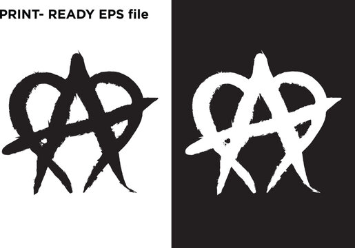 Distressed vector design of an Anarchy symbol (A in a circle) with a heart-like distortion, in stark black and white, conveying rebellious love, punk aesthetic, protest, and graphic motifs for print