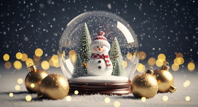 Christmas snow globe with snowman and pine trees, surrounded by golden ornaments and bokeh lights