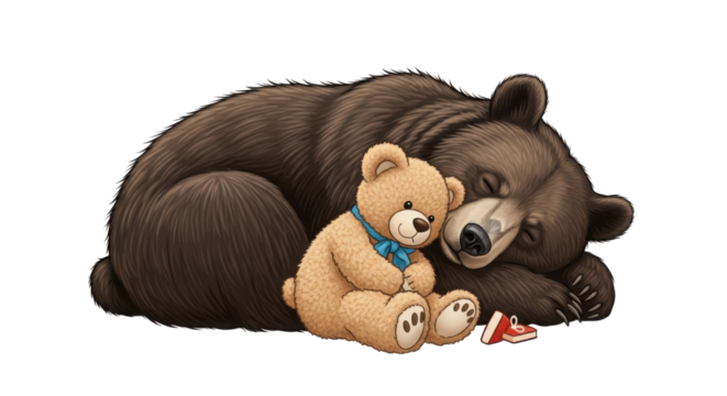Sleeping bear with teddy bear and small shoes isolated PNG with Transparent Background