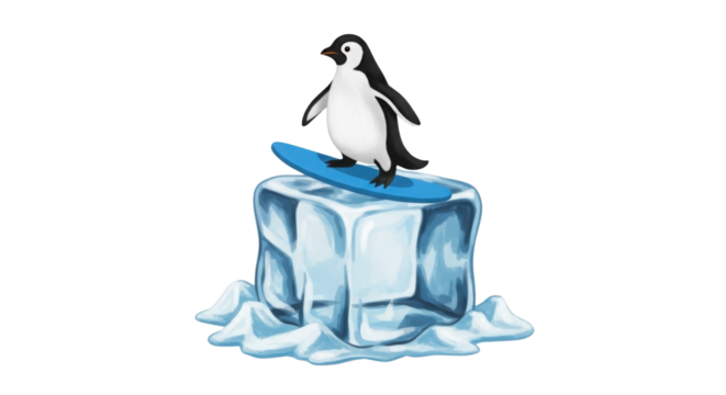 Penguin on a surfboard riding an ice cube isolated PNG with Transparent Background