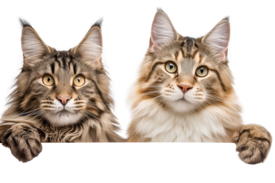 Maine Coon cats looking happy together, isolated on white background