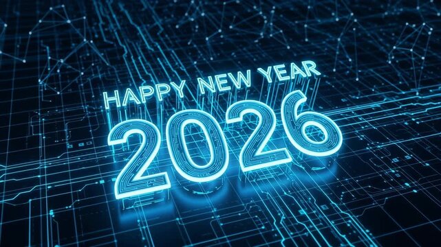 Happy new year 2026 futuristic cybernetic celebration glowing neon text animation 4k