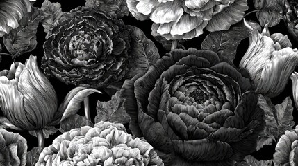 Elaborate floral pattern rendered in black and white tones.