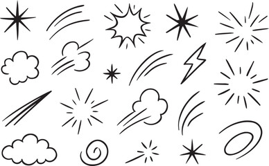 Fototapeta premium Set of cartoon-style action effects featuring explosive bursts, fast-motion streaks, impact shapes, and smoke puffs. Includes hand-drawn dynamic lines, blast outlines, and energetic motion icons in a 