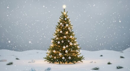 Obraz premium A beautifully decorated christmas tree stands alone in a snowy landscape, illuminated by its own lights and a bright star on top
