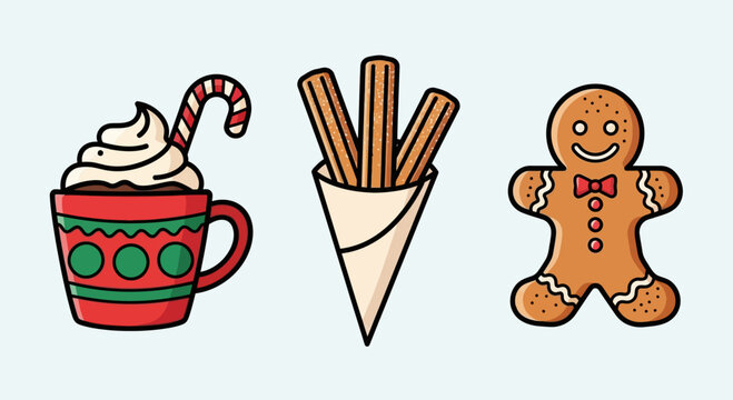 Christmas treats: hot chocolate with candy cane, churros, and gingerbread man. festive holiday food.