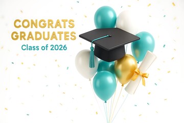 Graduation cap with balloons and congrats graduates text
