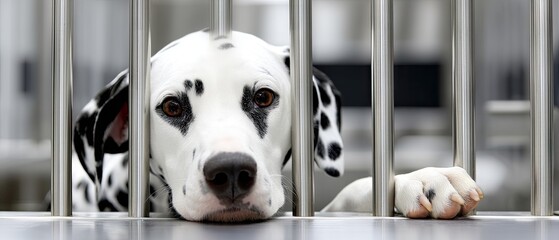 Dalmatian dog in shelter showing longing behind iron fence while looking directly at the camera, seeking a loving home