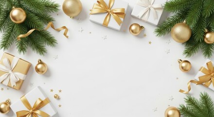Festive christmas frame with fir branches, golden baubles and gift boxes on a white background