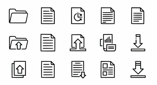 Collection of outline icons representing files folders and data transfer symbols in a simple line art style