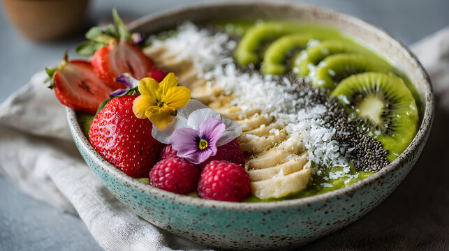 Vibrant green smoothie bowl with strawberries, kiwi, banana slices, raspberries, chia seeds and edible flowers served in rustic ceramic dish for healthy breakfast themes
 - Powered by Adobe