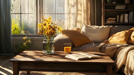 Sunlit living room with wooden coffee table and yellow flowers by window wooden table photo