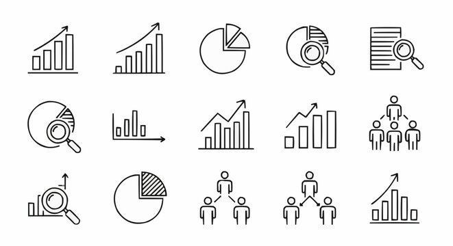 Illustration of data analysis elements with charts graphs and organizational structure in black outline style