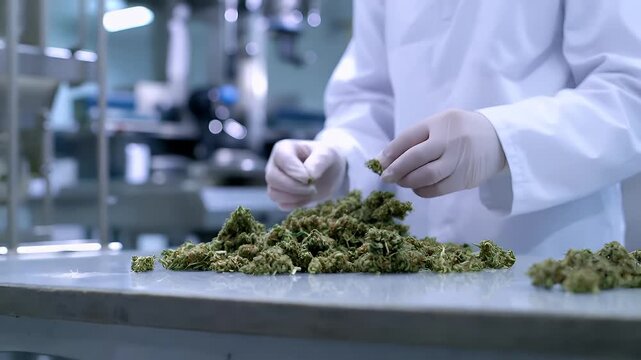 Marijuana cannabis topic concept. A closeup shot of a person in a white lab coat and gloves examining cannabis buds in a laboratory setting.