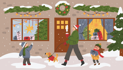 A cozy winter evening. The city in winter, decorations, people, gifts. Preparing for the holiday. Vector illustration