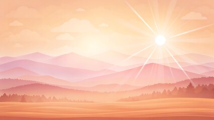 Serene mountain landscape bathed in the warm glow of a radiant sunrise