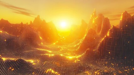 Digital wireframe landscape with glowing data points at sunset