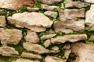 Close-up view of an old stone wall covered with bright green moss and small plants. Rough limestone blocks form an organic pattern, creating a rustic texture ideal for backgrounds, nature themes, or a