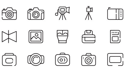 Outline vector icons of cameras, lenses, tripods, and imaging accessories