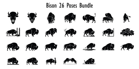 American Bison Buffalo Silhouette Icon Set: Vector Collection of Wildlife Mammals in Various Poses, Charging, Running, Head, and Herd Design Elements. © radabalamandala