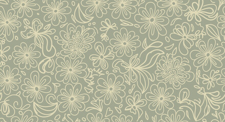 Obraz premium A repeating pattern featuring sketched flowers, leaves, and swirls in a cream color on a pale green background