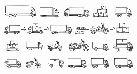 Illustration of various delivery vehicles including trucks and motorcycles with packages and logistics flow 1