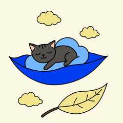 Cute gray cat sleeping peacefully on a blue leaf with clouds above