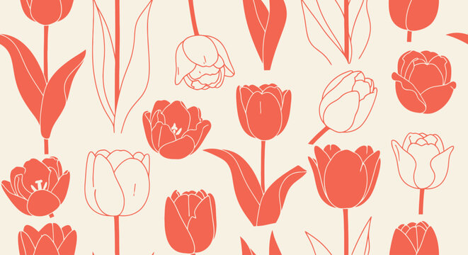 A repeating pattern featuring coral-colored tulips with outlined details on a cream background, offering a spring vibe
