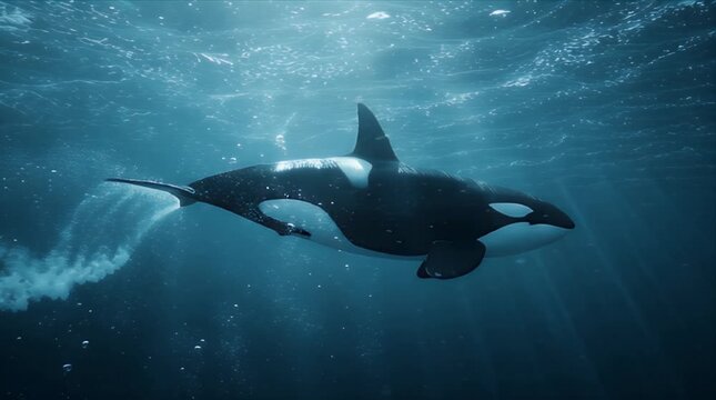 Orca Whale Killer Whale Swimming Underwater in Deep Ocean with Sun Rays
