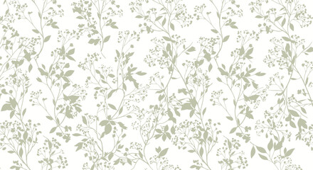 Delicate floral pattern featuring intertwining stems with tiny flower clusters and leaves in soft green and beige hues against a white backdrop