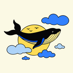 Whimsical whale swimming through a sunny sky with fluffy clouds