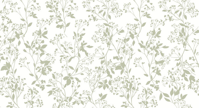 Delicate floral pattern featuring intertwining stems with tiny flower clusters and leaves in soft green and beige hues against a white backdrop