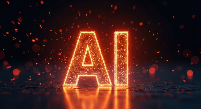 Glowing neon ai text with sparks and bokeh effect, representing artificial intelligence and futuristic technology