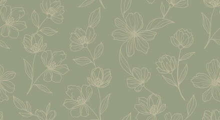 A seamless pattern on a sage green background, featuring delicate, linear illustrations of flowering vines with open blooms © TDF CREATIVE