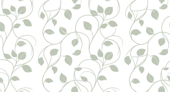 Repeating pattern featuring intertwining tan vines with soft green leaves on a bright white background. Elegant and fresh