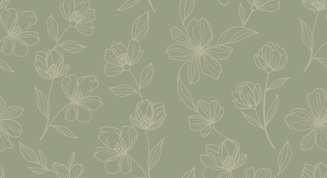 A seamless pattern on a sage green background, featuring delicate, linear illustrations of flowering vines with open blooms