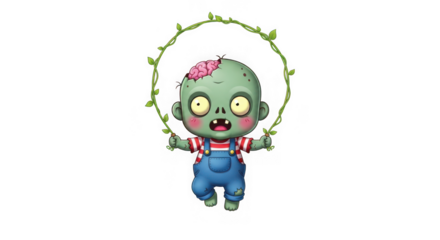 Cute zombie kid jumping rope with a vine