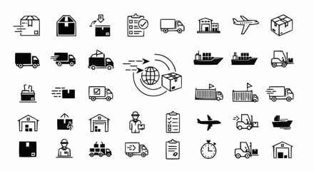 Collection of logistics and shipping icons featuring trucks, planes, ships, and package delivery services