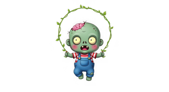 Cute zombie kid jumping rope with a vine