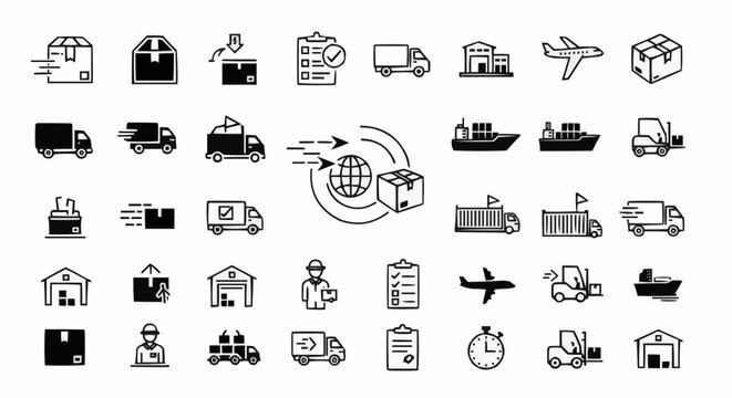 Collection of logistics and shipping icons featuring trucks, planes, ships, and package delivery services