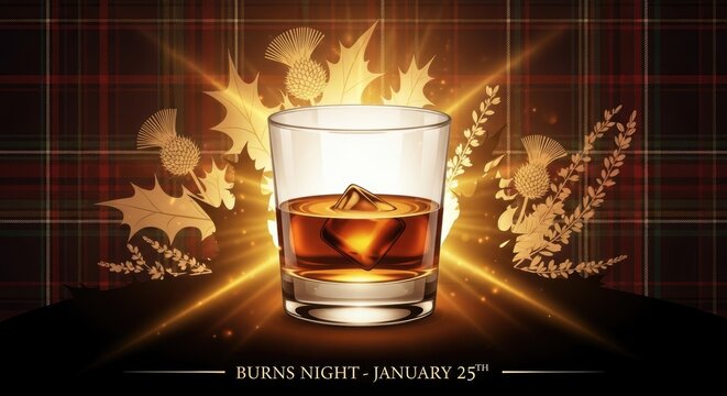 Whisky glass with tartan background for Burns Night. Ai generation