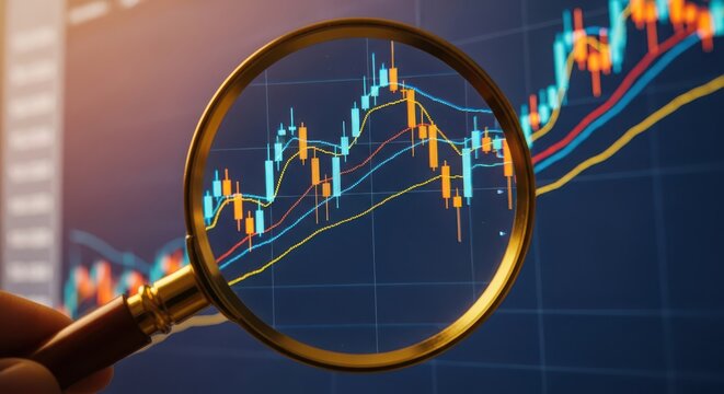 Magnifying glass over a stock market candlestick chart showing financial data and trends on a computer screen - Powered by Adobe