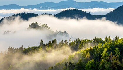 Fog drifting across forested hills in early morning light