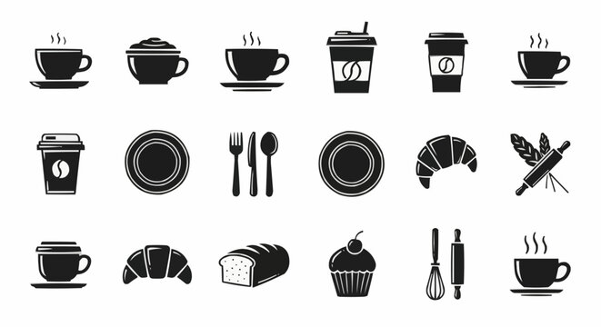 Collection of bakery and cafe related icons including coffee cups croissants and baking utensils design set