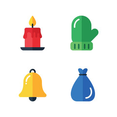 Flat design icons: christmas candle, mitten, bell, and gift bag on white background Vector, illustration