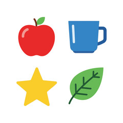 Set of four flat icons: red apple, blue mug, yellow star, green leaf on white background Vector, illustration
