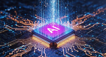 Closeup of a futuristic ai processor chip with glowing blue energy streams emanating from its center