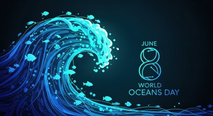 World Oceans Day Illustration with Fish and Waves. Ai generation