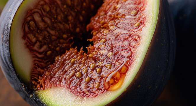 A close-up view of a ripe fig showing its red interior and small seeds in detailed texture. - Powered by Adobe