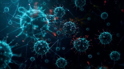 A closeup of a molecular structure, possibly a cell, with intricate details and glowing red dots. The background is a deep blue, with a network of lines and dots.